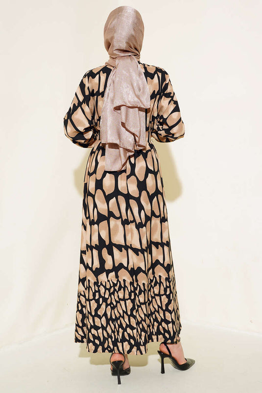 Robe froissée à motifs et ceinture beige