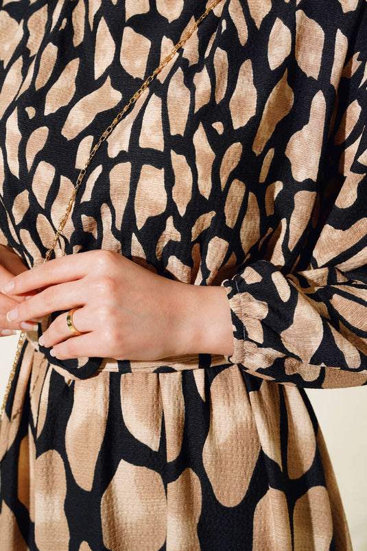 Patterned Belted Crunchy Dress Beige