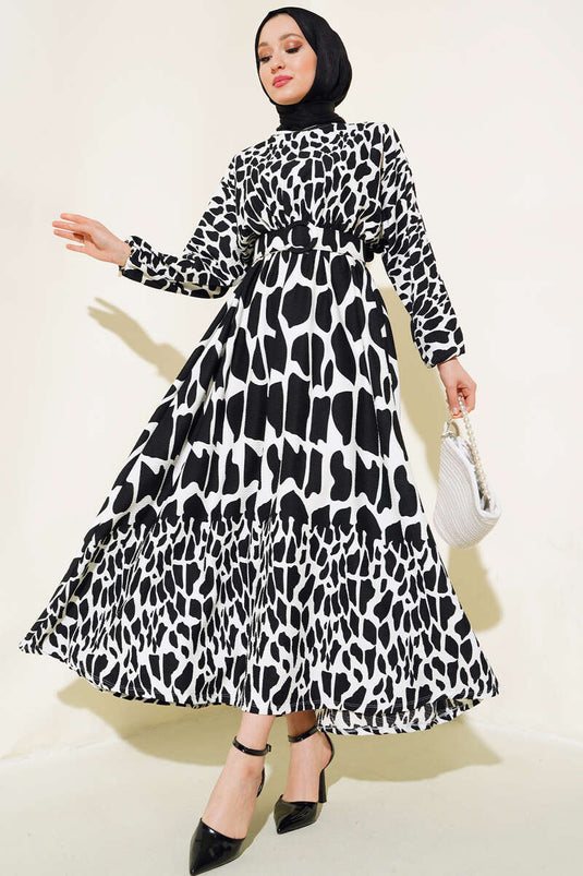 Patterned Belted Crunchy Dress Black