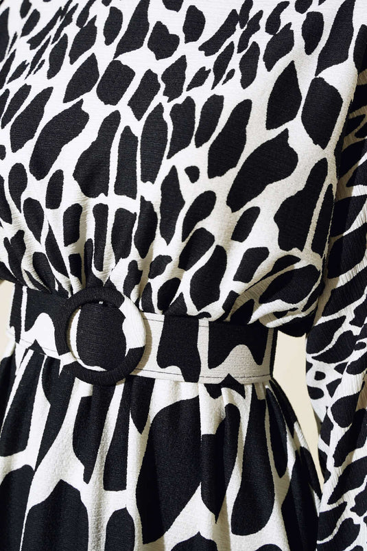 Patterned Belted Crunchy Dress Black