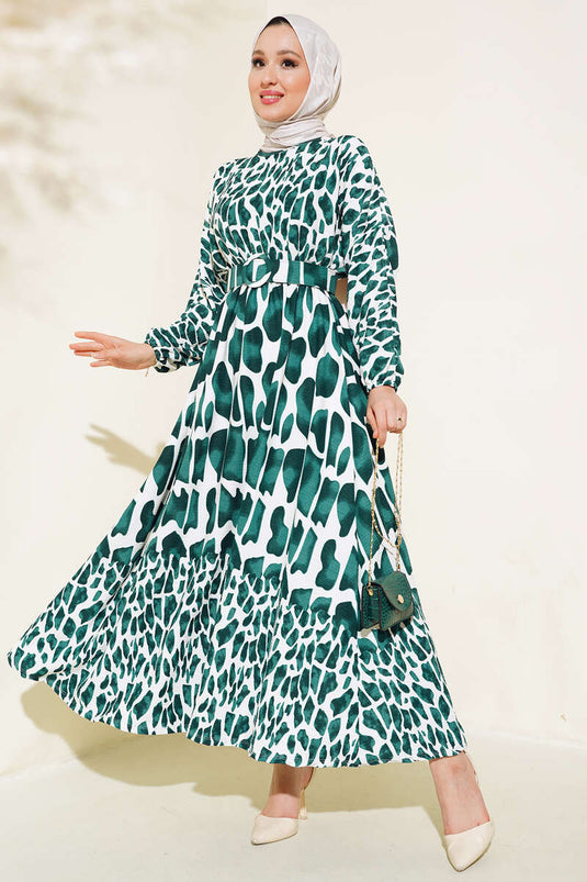 Vestido Arrugado Con Cinturón Estampado Verde Esmeralda