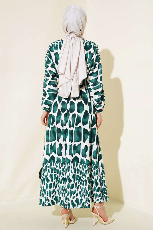 فستان منقوش بحزام متجعد باللون الأخضر الزمردي