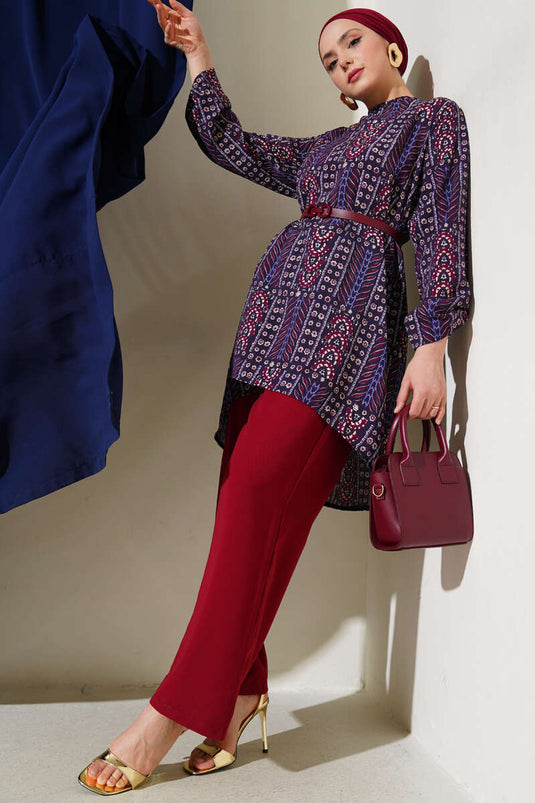 Desenli Kemerli Tunik İkili Takım Mürdüm