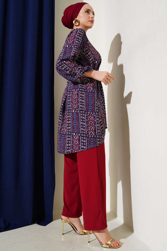 Desenli Kemerli Tunik İkili Takım Mürdüm