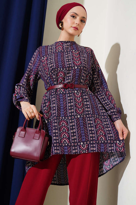 Desenli Kemerli Tunik İkili Takım Mürdüm