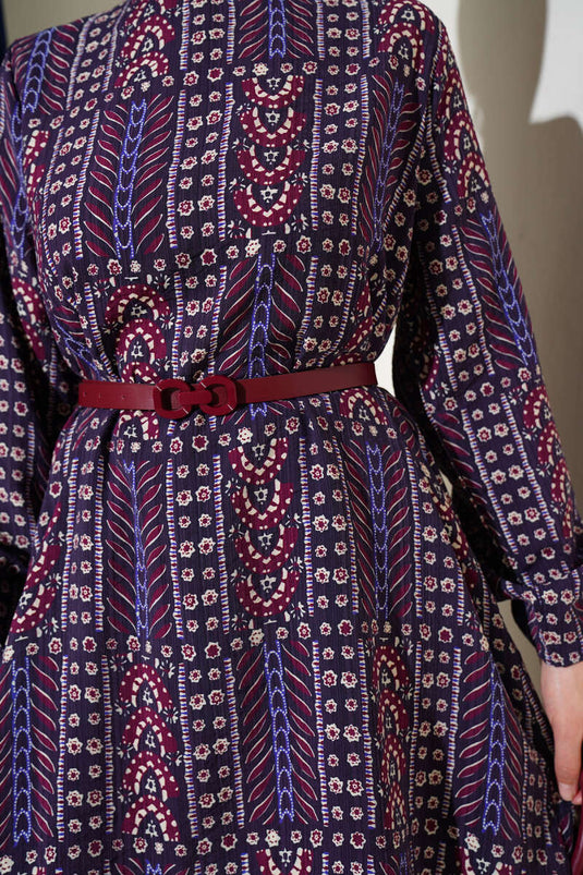 Desenli Kemerli Tunik İkili Takım Mürdüm