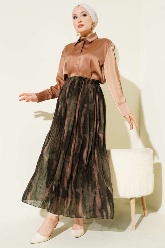 Patterned Crinkled Chiffon Skirt Brown