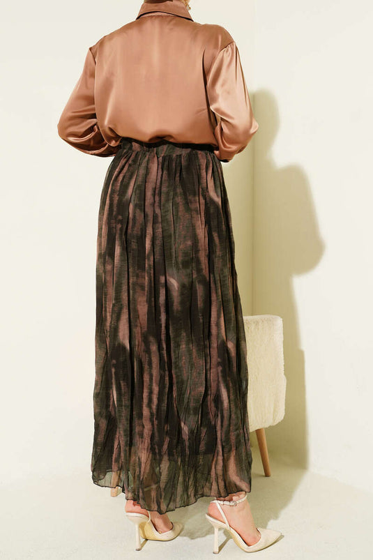 Patterned Crinkled Chiffon Skirt Brown