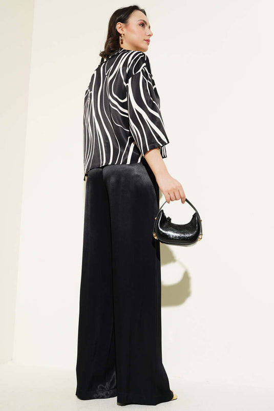 Gemusterter Kurzhemd-Satin-Zweiteiler Schwarz