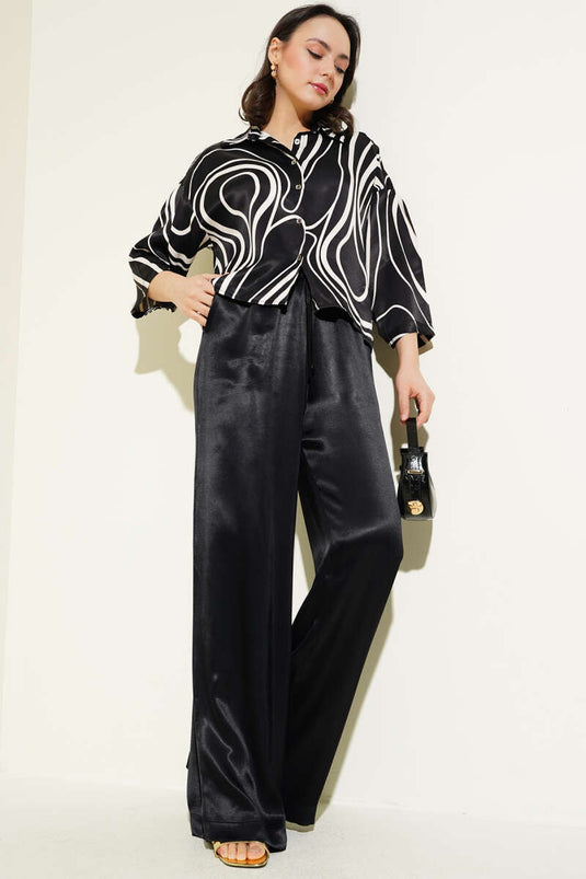 Gemusterter Kurzhemd-Satin-Zweiteiler Schwarz