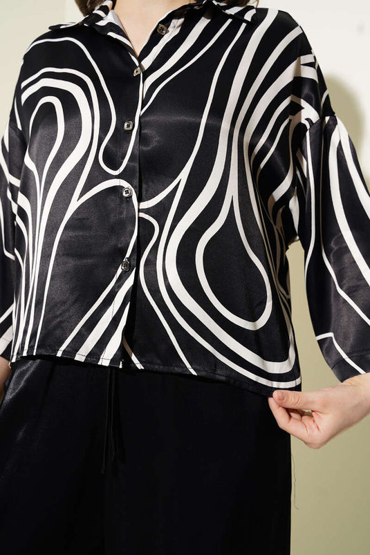 Gemusterter Kurzhemd-Satin-Zweiteiler Schwarz