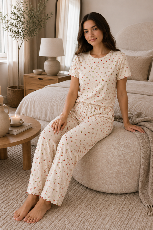 Desenli Kısa Kol Pijama Takımı Beyaz