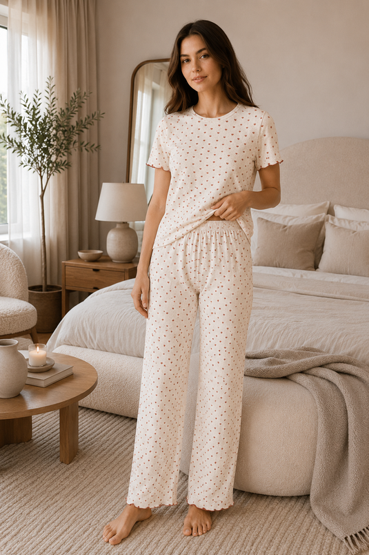 Desenli Kısa Kol Pijama Takımı Ekru
