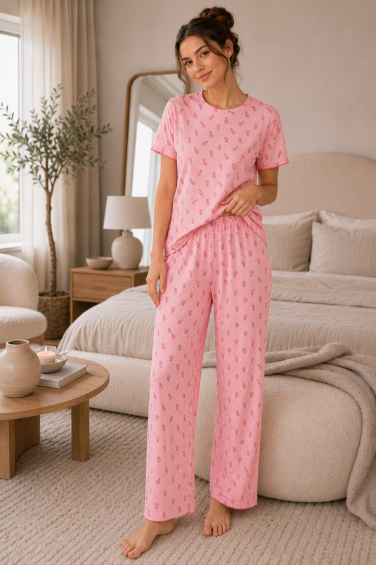 Desenli Kısa Kol Pijama Takımı Pudra