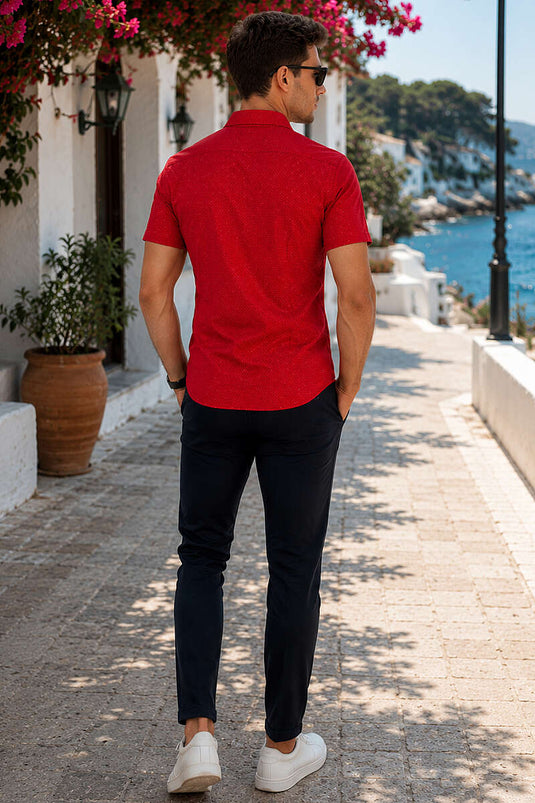 Desenli Kısa Kol Slim Fit Erkek Gömlek Kırmızı