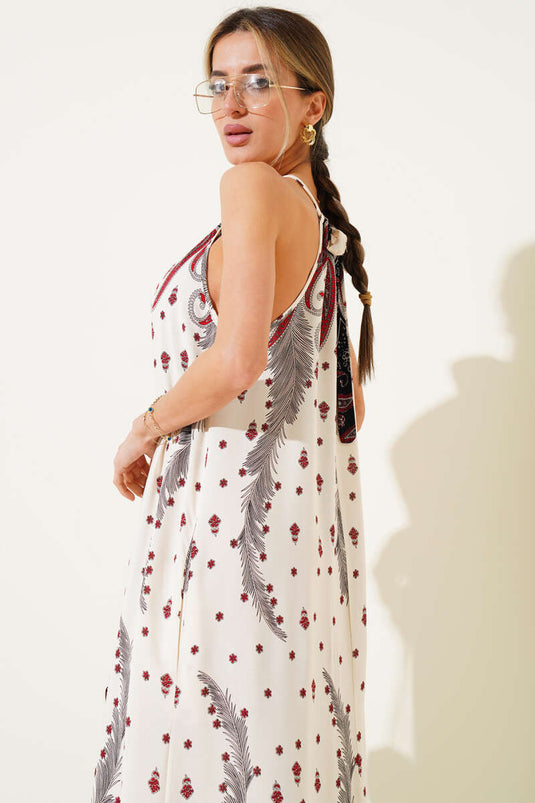 Patterned Sleeveless Casual Long Dress Burgundy