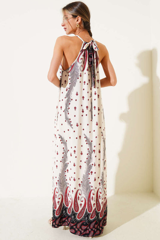 Patterned Sleeveless Casual Long Dress Burgundy