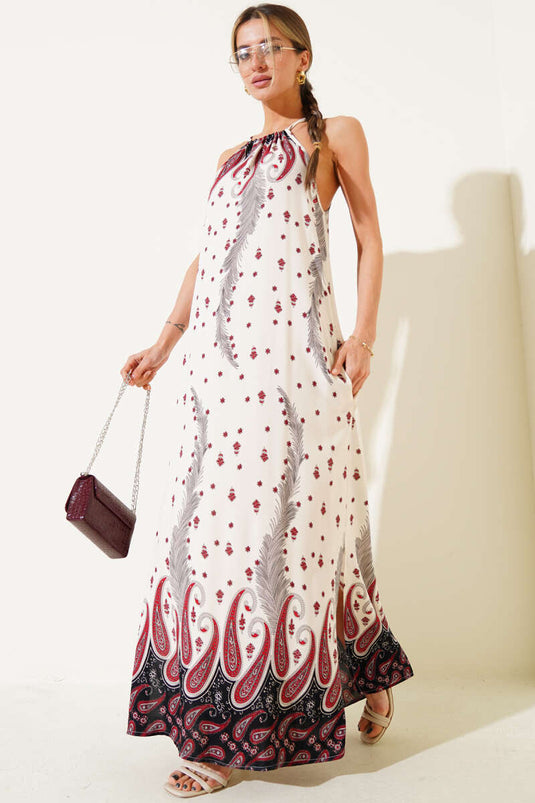 Patterned Sleeveless Casual Long Dress Burgundy