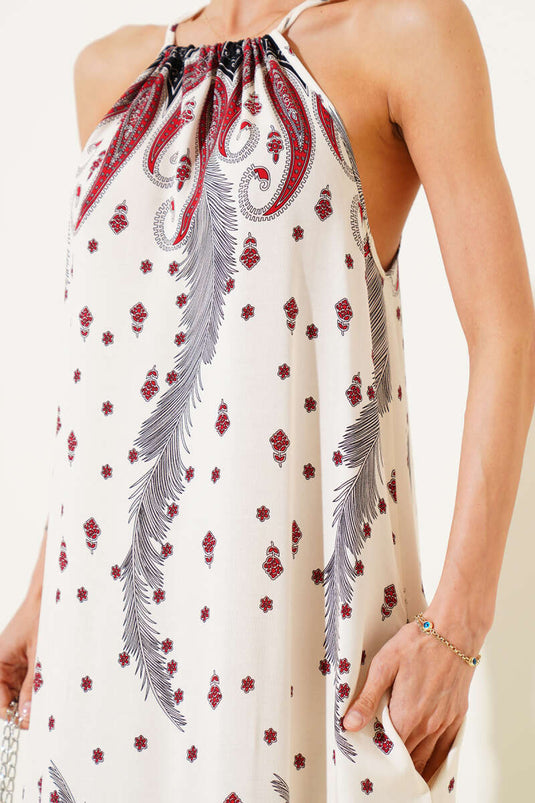 Patterned Sleeveless Casual Long Dress Burgundy