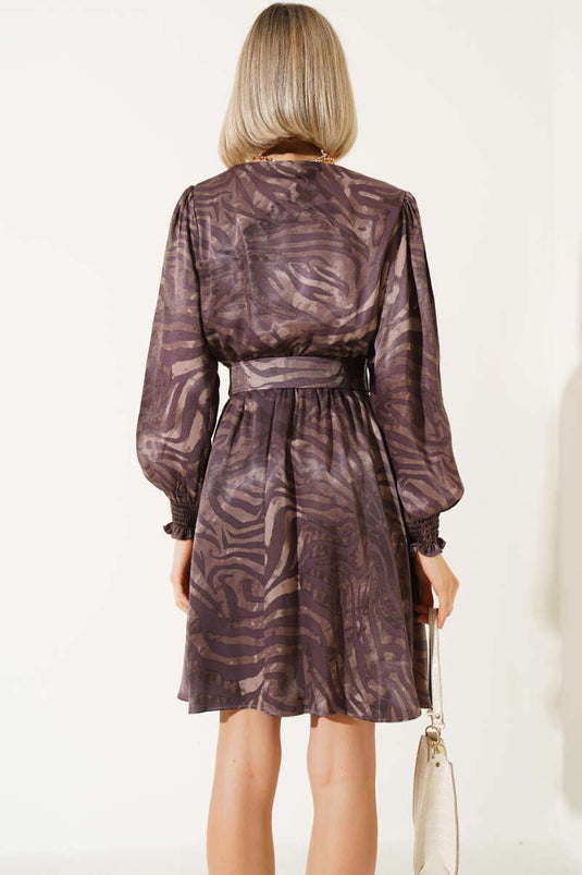 Patterned Double-Breasted Belted Satin Dress Magenta