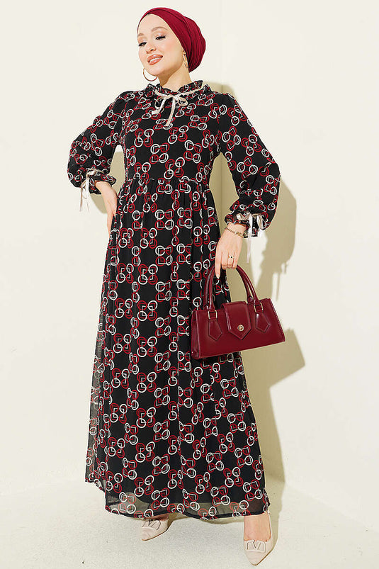 Gepatternte Chiffon Jurk Met Strikdetail Bordeaux