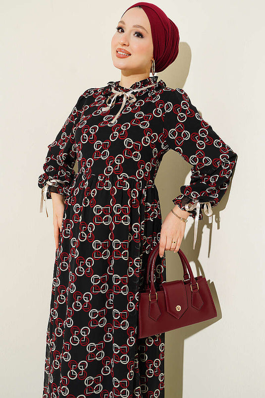 Gepatternte Chiffon Jurk Met Strikdetail Bordeaux