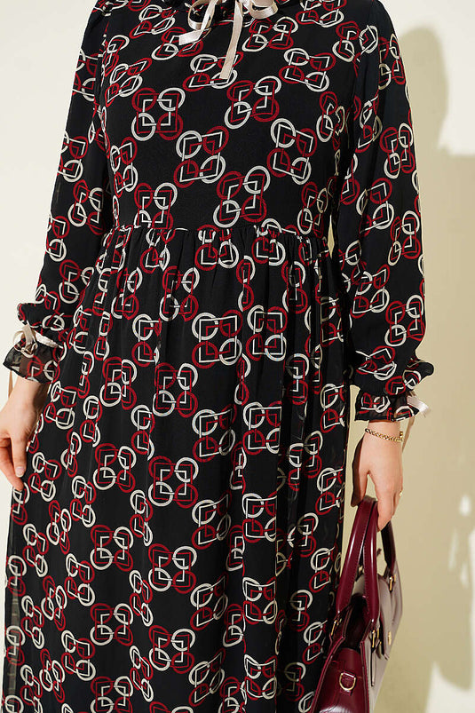 Gepatternte Chiffon Jurk Met Strikdetail Bordeaux
