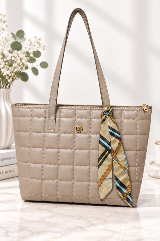 Borsa A Mano Donna Trapuntata Beige Con Motivo E Fiocco