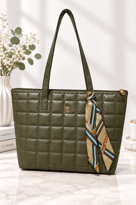 Gemustertes Damen-Handtasche Mit Knoten Und Steppung In Khaki
