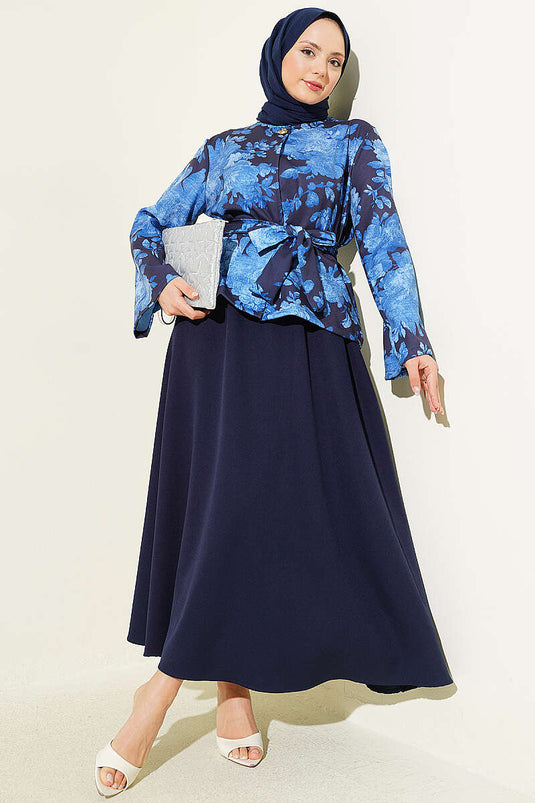 Ensemble deux pièces à jupe double avec ceinture à motifs, bleu marine
