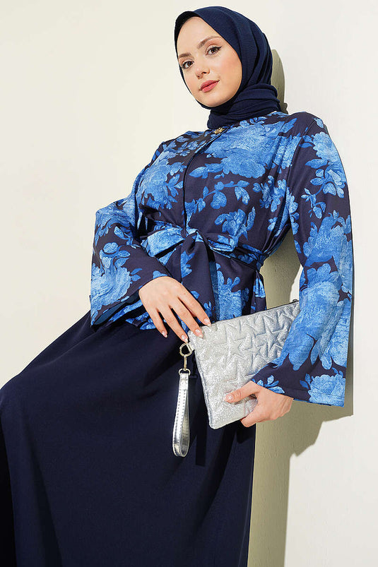 Ensemble deux pièces à jupe double avec ceinture à motifs, bleu marine