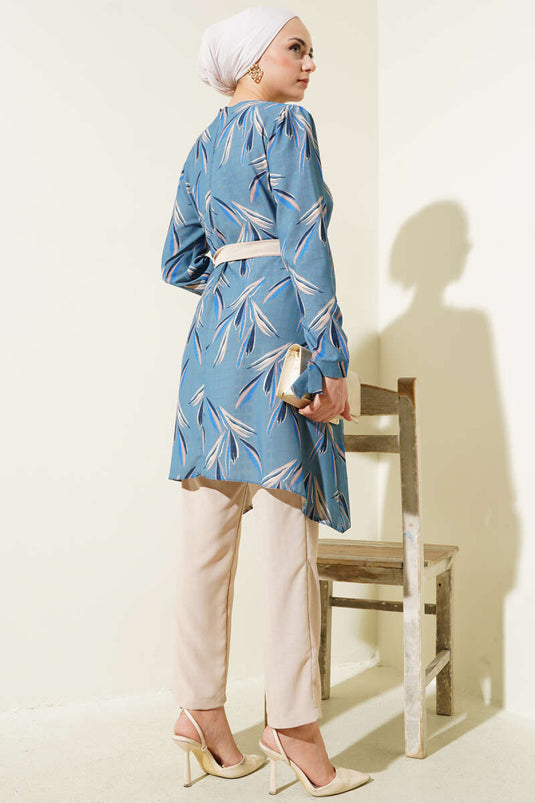 Patterned Belted Tunic Two-Piece Suit Indigo