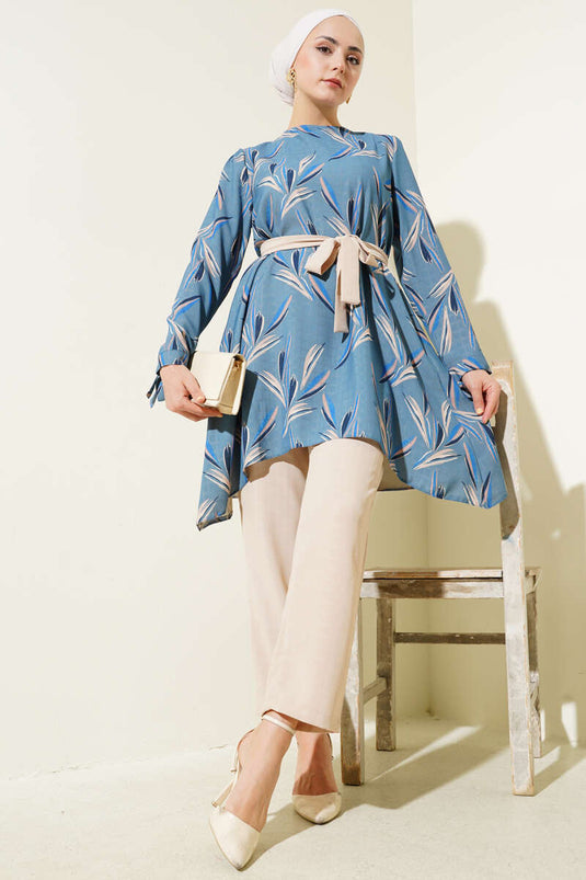 Patterned Belted Tunic Two-Piece Suit Indigo