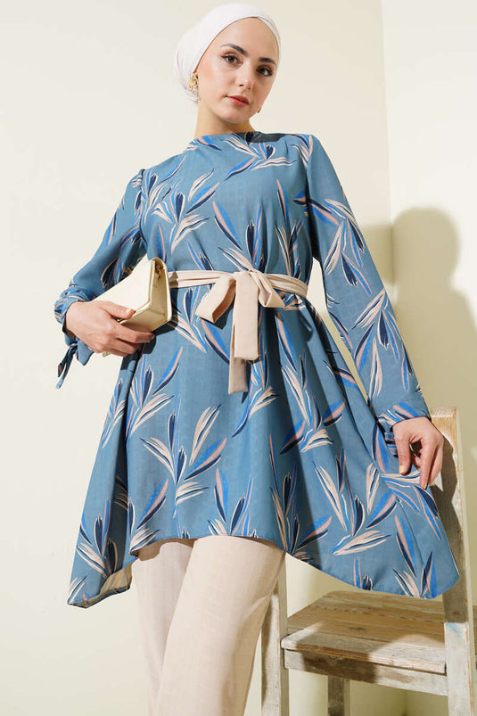 Patterned Belted Tunic Two-Piece Suit Indigo