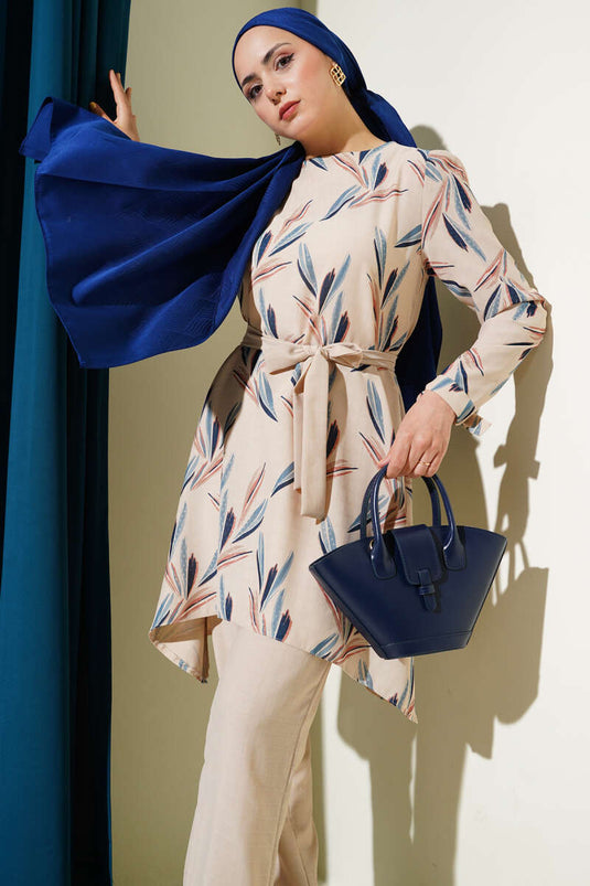 Patterned Belted Tunic Two Piece Set Blue