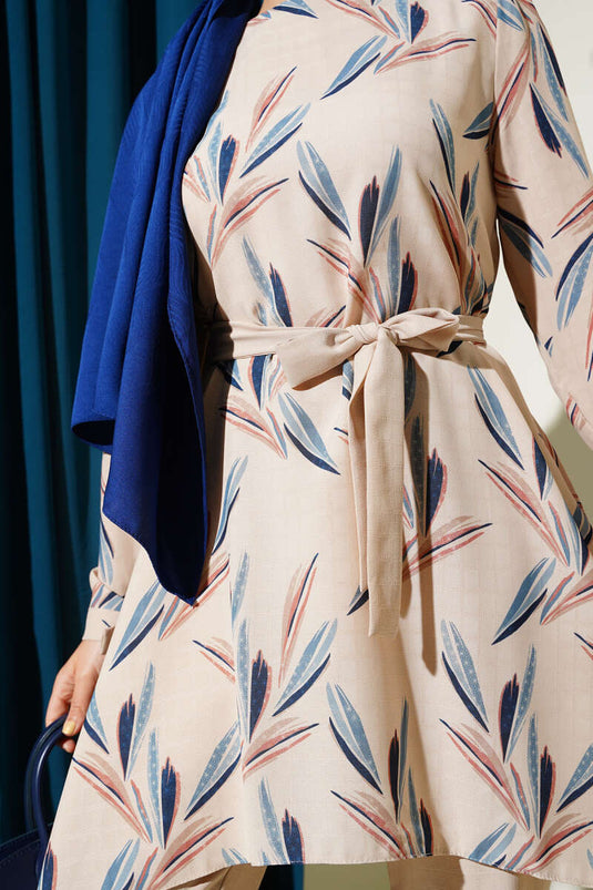 Patterned Belted Tunic Two Piece Set Blue