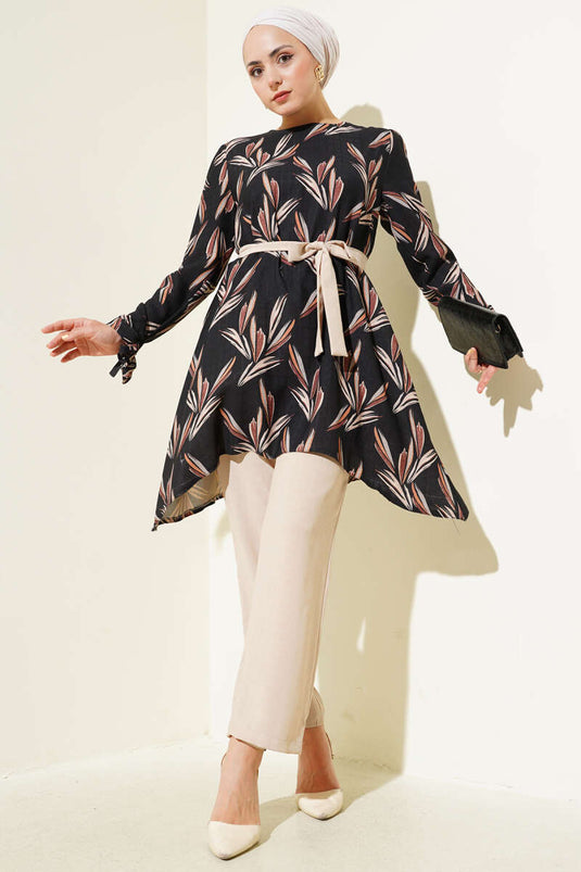 Patterned Belted Tunic Two Piece Set Black