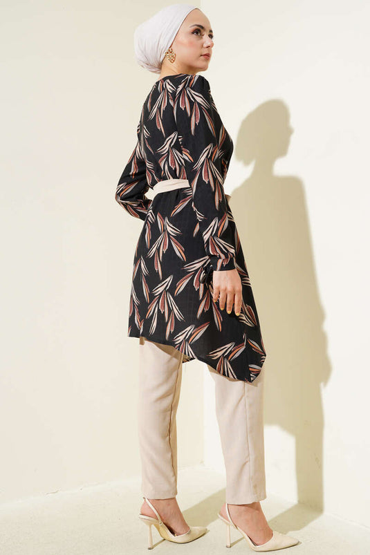 Patterned Belted Tunic Two Piece Set Black