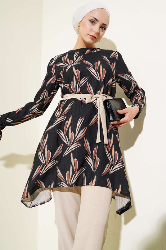 Patterned Belted Tunic Two Piece Set Black