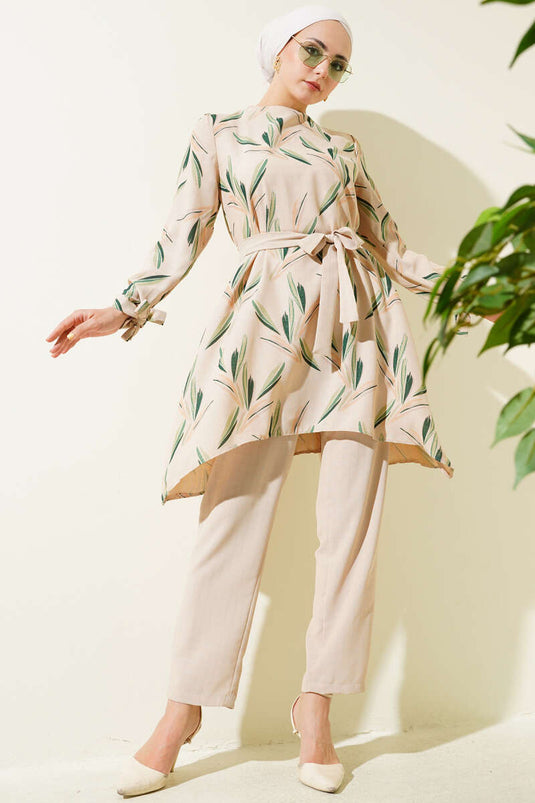 Patterned Belted Tunic Two-Piece Set Green