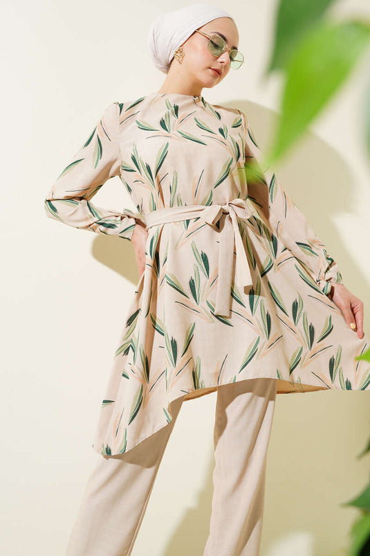 Patterned Belted Tunic Two-Piece Set Green