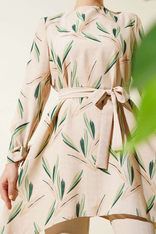 Patterned Belted Tunic Two-Piece Set Green