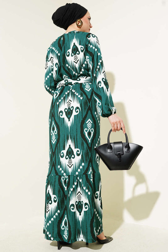 Robe à volants ceinturée à motifs émeraude