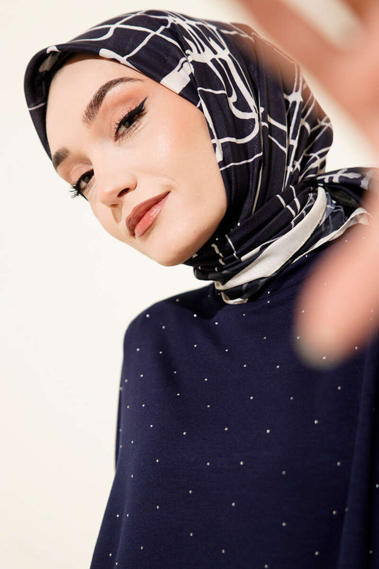 مجموعة أوشحة منقوشة باللون الأزرق الداكن، 7 قطع