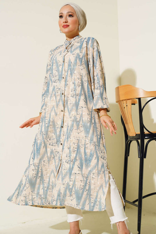 Chemise Longue Boutons Métalliques à Motifs Indigo