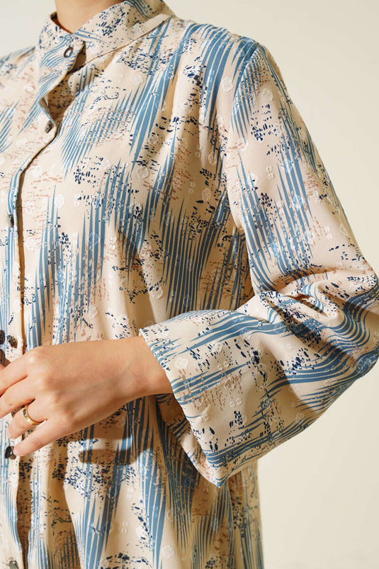 Gestreept metalen knoop lang overhemd indigo