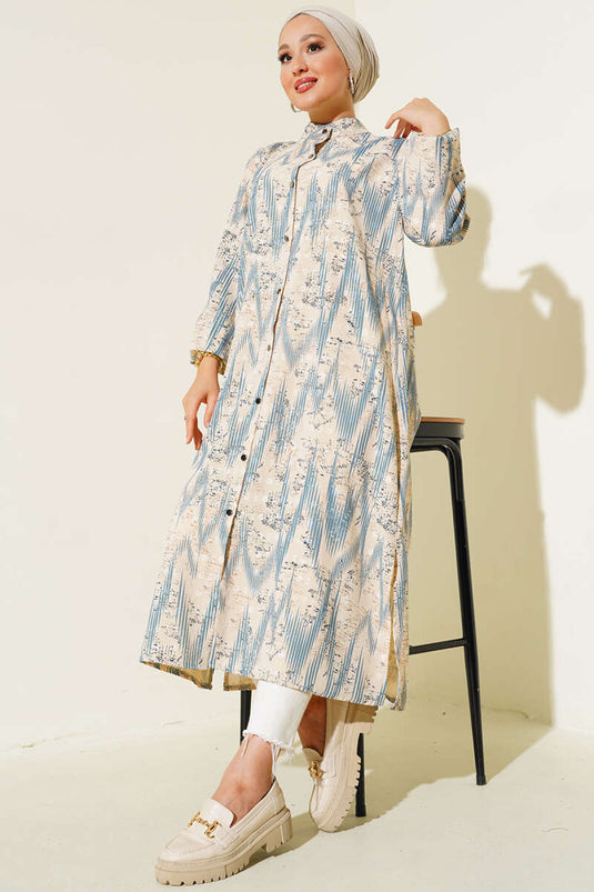 Chemise Longue Boutons Métalliques à Motifs Indigo