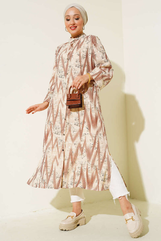 Chemise Longue Boutons Métalliques à Motifs Marron