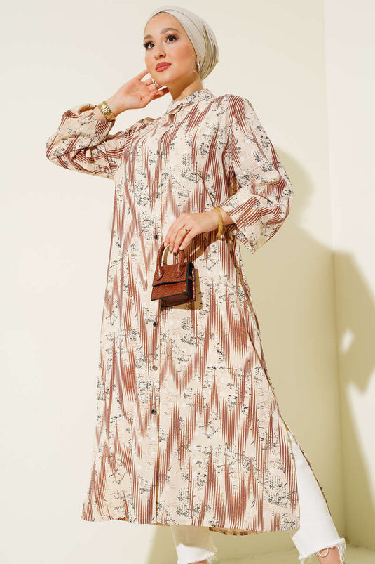 Chemise Longue Boutons Métalliques à Motifs Marron