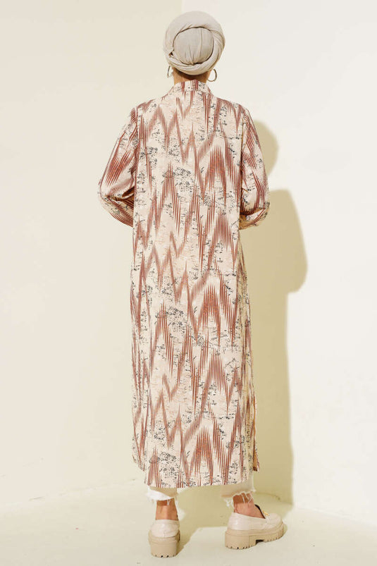 Patterned Metal Button Long Shirt Brown